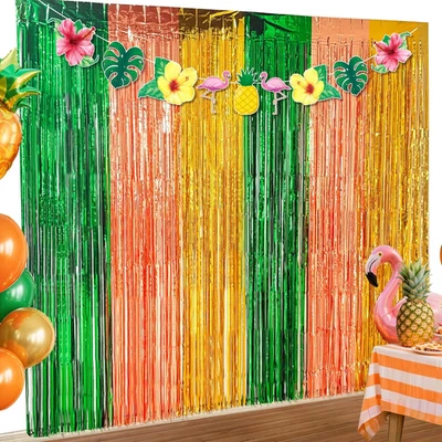 3 Pack Hawaiian Luau Party Decorations, Hawaiian Backdrop with Aloha Banner, Gre - Image 1 of 4