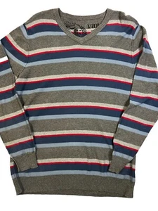 Vurt Men's Sweater Pullover Large Striped Blue Gray Red VNeck Preppy Skater - Picture 1 of 9