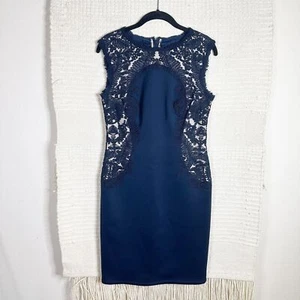 TADASHI SHOJI navy blue lace paneled fitted sleeveless sheath dress S NEW - Picture 1 of 9