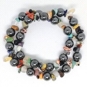 Stunning stretch necklace with 10mm black hematite stone beads & gemstone chips