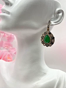 Vintage Sterling Silver 925 Earrings Green Crystal Glass CZ 22.76g Loose Closure - Picture 1 of 10