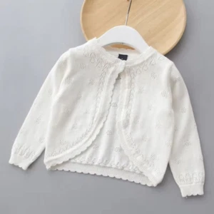 Mädchen Strick Cardigan reine Baumwolle ausgehöhlt Oberbekleidung kleiner Schal Kind Pullover Mantel - Bild 1 von 6