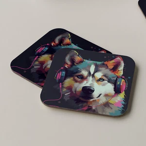 Alaskan Malamute Coaster Drinks Tea Coffee Music Headphones DJ Music - Picture 1 of 1