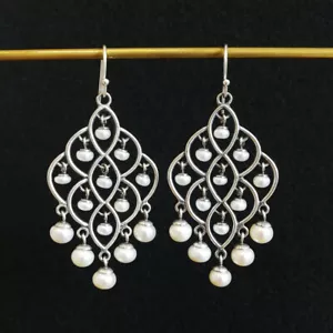 925 Sterling Silver White Freshwater Pearl Large Teardrop Chandelier Earrings - Picture 1 of 9