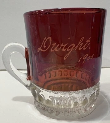 Antique 1898 EAPG Ruby Red Flash Souvenir Glass/Cup/ for Dwight. Punty Band Pat - Image 1 of 4