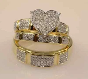 14k Yellow Gold Finish 2 Ct Round Real Moissanite His Her Trio Wedding Ring Set - Picture 1 of 4