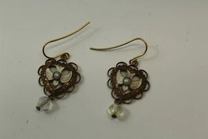 Vintage Filigree Dangle Earrings White Dove, Seed Pearl With Crystal Goldtone - Picture 1 of 4