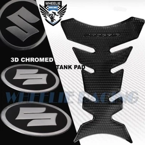 PERFORATED BLACK PRO GRIP FUEL TANK PAD+BRUSHED METAL SUZUKI LOGO EMBLEM STICKER - Picture 1 of 6