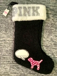 Victoria's Secret Pink Bling Silver Logo Sherpa Stocking Polka Dot Dog Black NWT - Picture 1 of 10