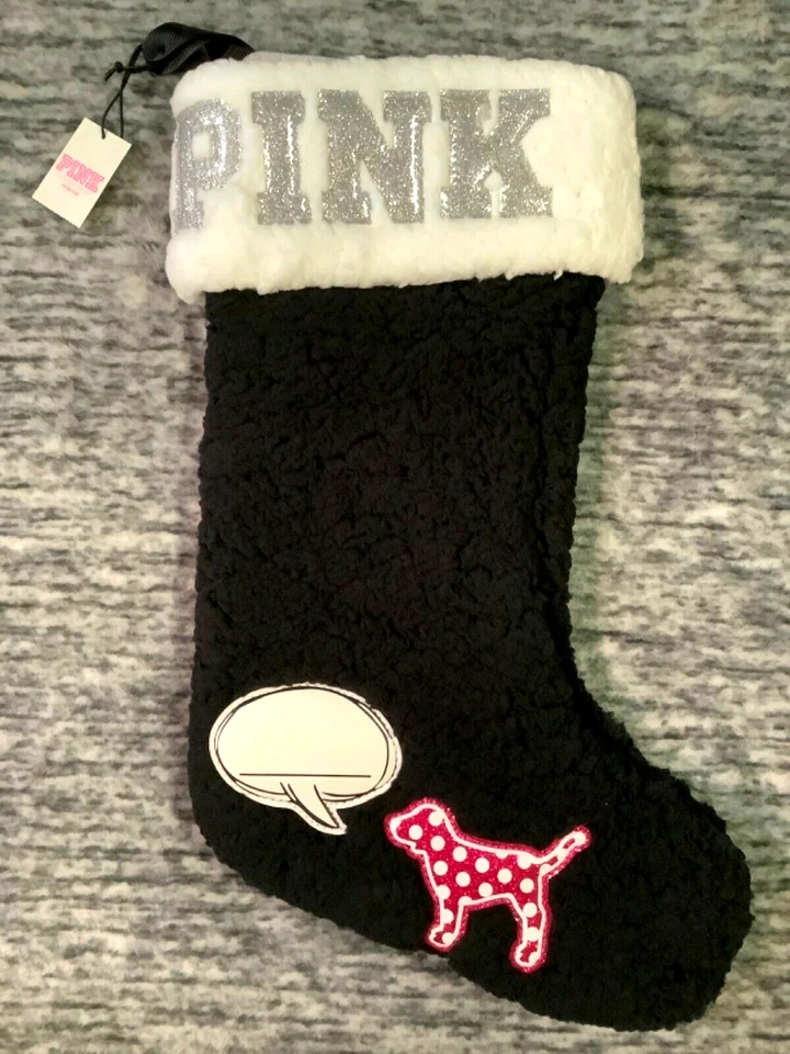 Victorias Secret Pink Christmas Stocking Black Sherpa 2018 Limited Edition