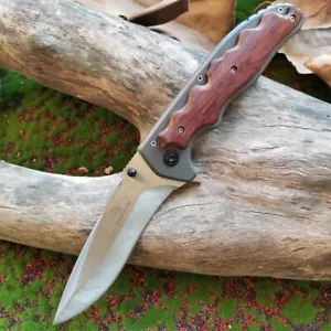 Wooden handle folding knife stainless steel sharp blade, camping tactical tools - Picture 1 of 6