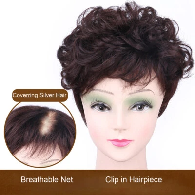 Short Curly Hair Topper Toupee 100% Human Hair Clip in Top Hairpiece Extensions - Image 1 of 4