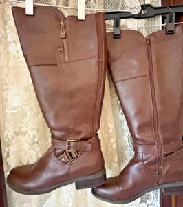 Guess Brown Leather Knee High Riding Boots Sze 8M 1" Heel - Picture 1 of 8