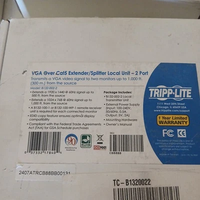 TRIPP LITE B132-002-2 VGA OVER CAT5/6 SPLITTER/EXTENDER B6-3 - Image 1 of 2