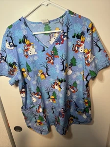 Disney Winnie The Pooh Winter Scrub Top Blue V Neck Women's Size XL - Picture 1 of 3