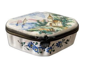 Antique French Veuve Perrin Hand-Painted Enamel Porcelain Trinket Box - Picture 1 of 7