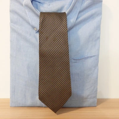 Mens Neck Tie NISHIJIN ORI Blue Gold Basketweave Silk Suit Wide Short YACE Japan - Image 1 of 4