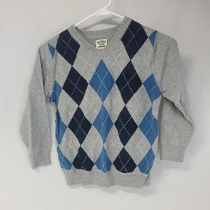 Old Navy Sweater Youth M Gray Cotton Diamond Argyle V-Neck Pullover Lightweight - Picture 1 of 8