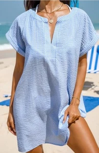 NWT Cupshe Striped Seersucker Beach Swim Coverup Dress - Blue - L - Picture 1 of 9