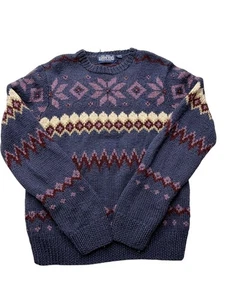 Lands' End Mens Large Wool Sweater Blue Fair Isle Nordic Crewneck Pullover Knit - Picture 1 of 9
