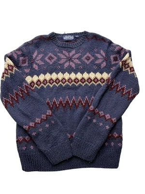 Lands' End Mens Large Wool Sweater Blue Fair Isle Nordic Crewneck Pullover Knit - Image 1 of 4