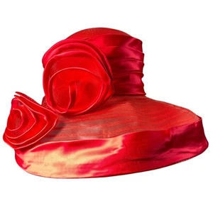 Vintage Mr. Hi's Church Women’s Hat Red Ribbon Flower Derby - Picture 1 of 10