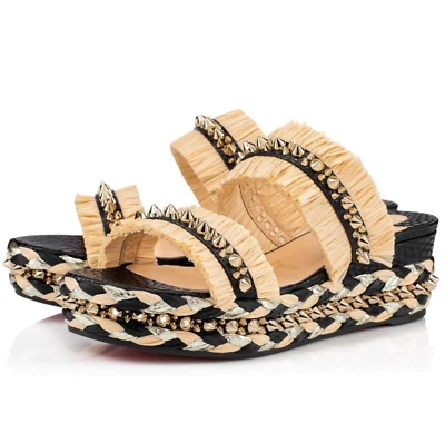 Christian Louboutin Voltinoudou 60 Black Raffia Wedge Slide Mule Sandal Heel 37 - Image 1 of 4