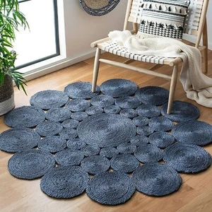 Blue Rug Round Jute 100% Farmhouse Natural Jute Braided Reversible Rustic Mat - Picture 1 of 9