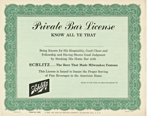 VINTAGE 1960 SCHLITZ BIER "PRIVATBAR LIZENZ" ! ZERTIFIKAT SUPER ZUM EINRAHMEN!  - Bild 1 von 4