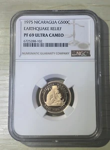 Nicaragua 1975 500 Córdobas Moneda Prueba Oro Terremoto Mujer Desnuda NGC PF 69 UC - Imagen 1 de 2