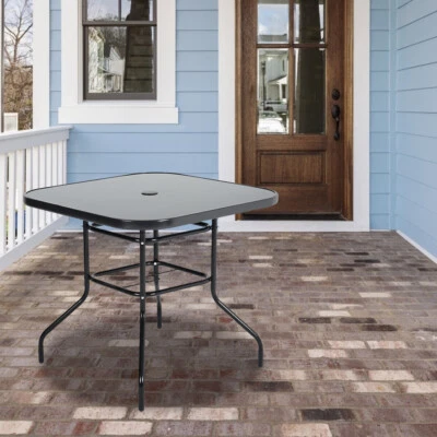 DIGITAL-FIRESUPPLY Garden Glass Dining Table Parasol Hole Metal Frame Outdoor Patio Bistro Table