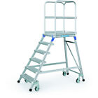 Podesttreppe, fahrbar, einseitig begehbar mit Stahl-Gitterrost-Stufen und