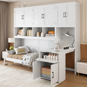 Twin Size Murphy Bed Wall Bed with Closet , Drawers & Desk-White 5AAK - Picture 1 of 16