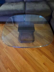 Henredon Glass Top Pedestal Coffee Table Neoclassical Carved Wood Base 