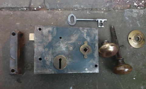 Old door rim lock, keep, & brass handles & brass backplate, & key working order Cover