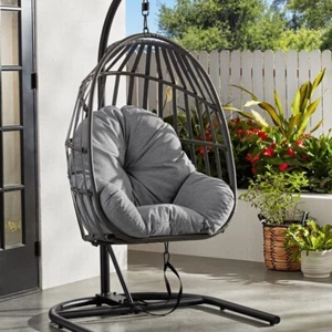 Mainstays Wicker Outdoor Patio Hanging Egg Chair with Cushion Gray  - Picture 1 of 8
