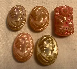 Set 4 antike rosa Kamee geprägtes Profil Dame lose Halskette Perlen + Blume - Bild 1 von 3