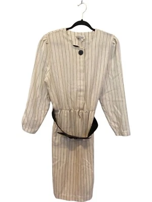 Vestido midi Melissa con cinturón línea A beige a rayas para mujer talla 14 manga larga años 80 Foto 1 de 4