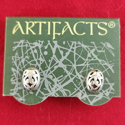 工件珠宝银锡花图案耳环 - 椭圆形穿孔耳钉圆盘 b — 第 1/4 张图片