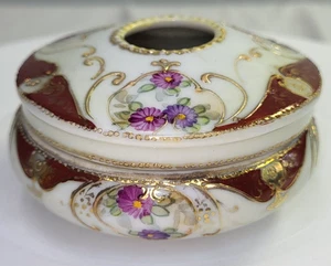 Nippon Hair Receiver Hand Painted Porcelain Floral Vanity Jar Victorian Gold Vtg - Picture 1 of 13
