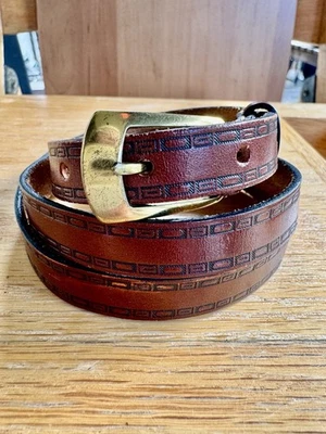 Vintage Skinny Belt Tooled Bridle Leather Brown Brass Buckle Women’s 32 Western - Image 1 of 4