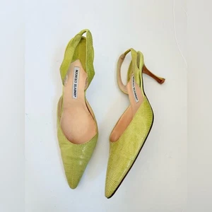 Manolo Blahnik Green Carolyne Lizard Embossed Kitten Heel Slingback Pumps EU41,5 - Bild 1 von 10