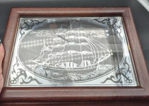 Jewelry Box Clipper Ship Silver Mirrored Overlay Glass Wood Nautical 10x7x2.5” - Picture 1 of 13