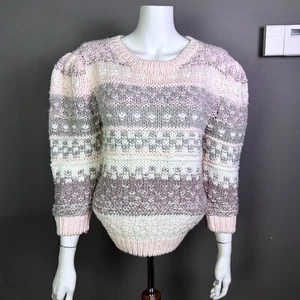 Vintage Fair Isle sweater women's large pastel pink hand knit puff Cabincore - Picture 1 of 7