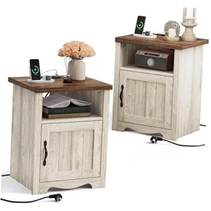 Farmhouse Night Stand Set of 2, 18.9” Wood End Table with Charging Station, - Picture 1 of 7