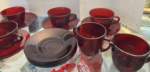 Vintage Royal Ruby Red Glass Cups and Saucer S Anchor Hocking Cream Sugar - Picture 1 of 14