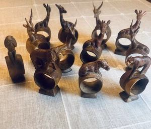 Vintage Primitive Rustic Safari African Animal Napkin Rings Hand Carved Set 12 - Picture 1 of 12