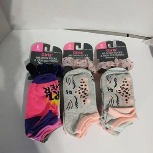 Girls No Show Socks & Hair Tie 6 Pack New With Tags shoe Size 1-7 set of 3 (18) - Picture 1 of 6
