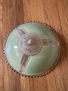 Vtg 1940’s Art Deco 3 Chains Green Glass Light Fixture With Hobnail Rim - Picture 1 of 6