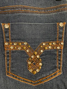 Roz Ali Womens Denim Blue Jeans Sz 4 Petite Bling Pockets Mid Rise Western - Picture 1 of 8